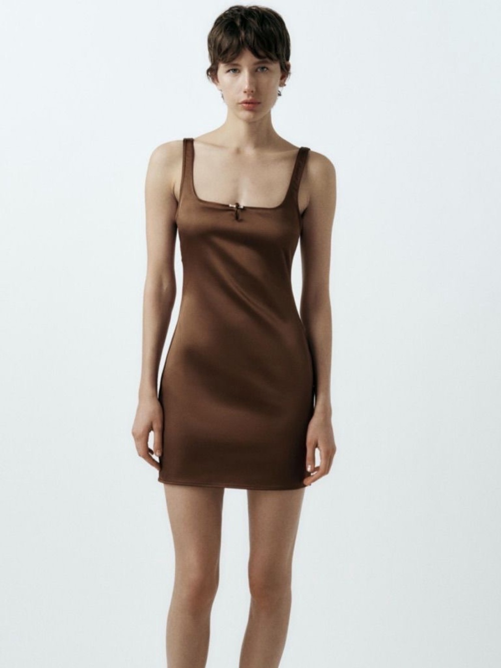Zara Chocolate Brown Slip Dress with Bow Detail